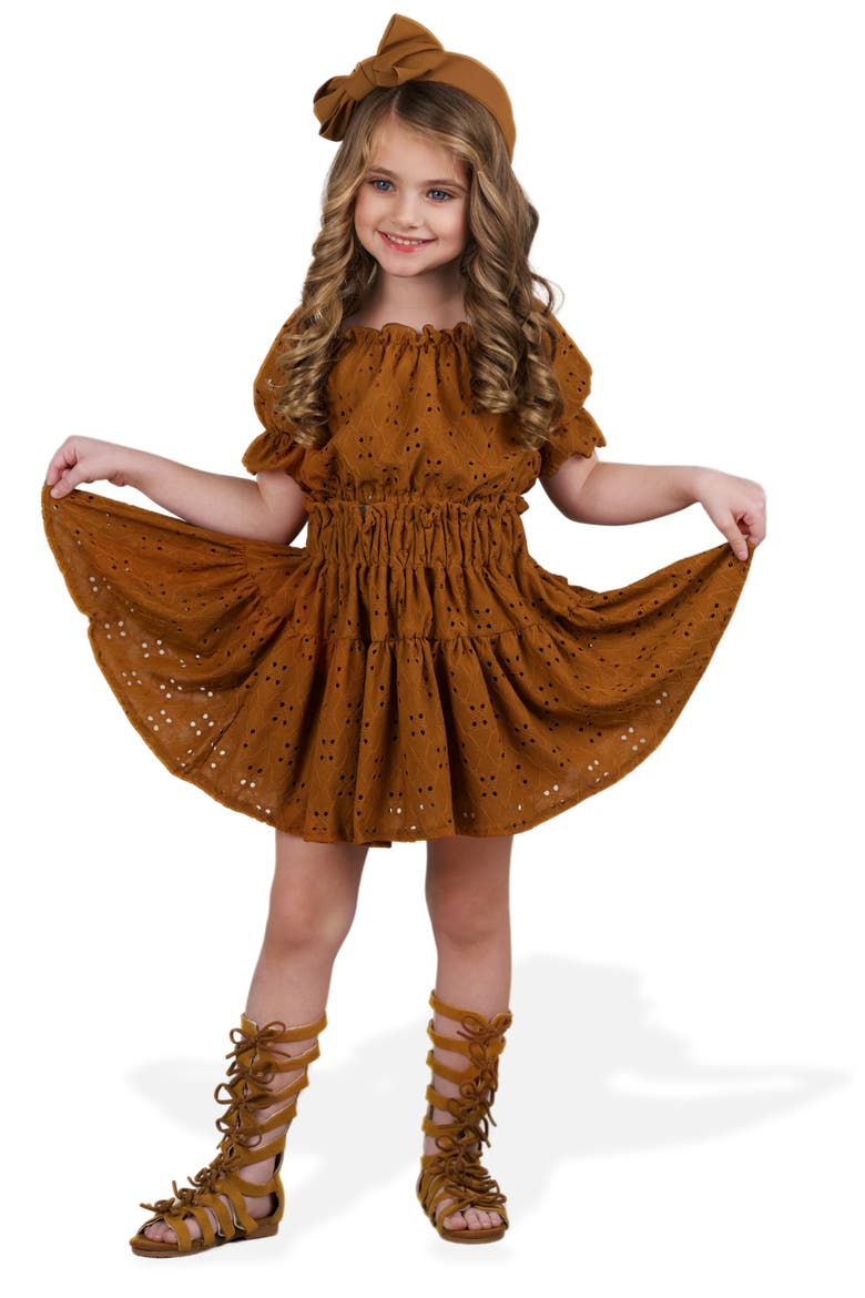 Girls Rosette Charm Eyelet Top & Skirt Set, Main, color, Brown
