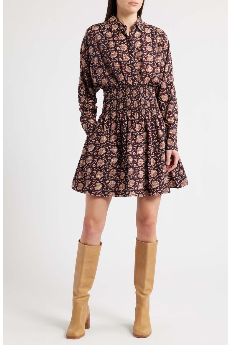 Shirred Floral Mini Shirtdress, Main, color, DARK CAROB