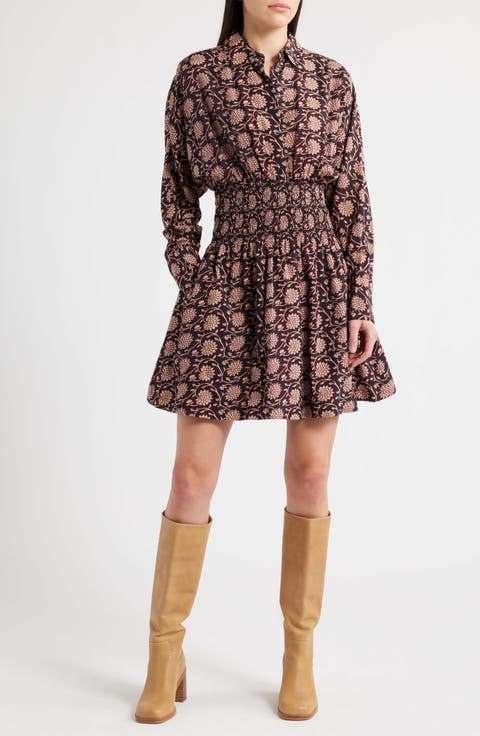 Shirred Floral Mini Shirtdress