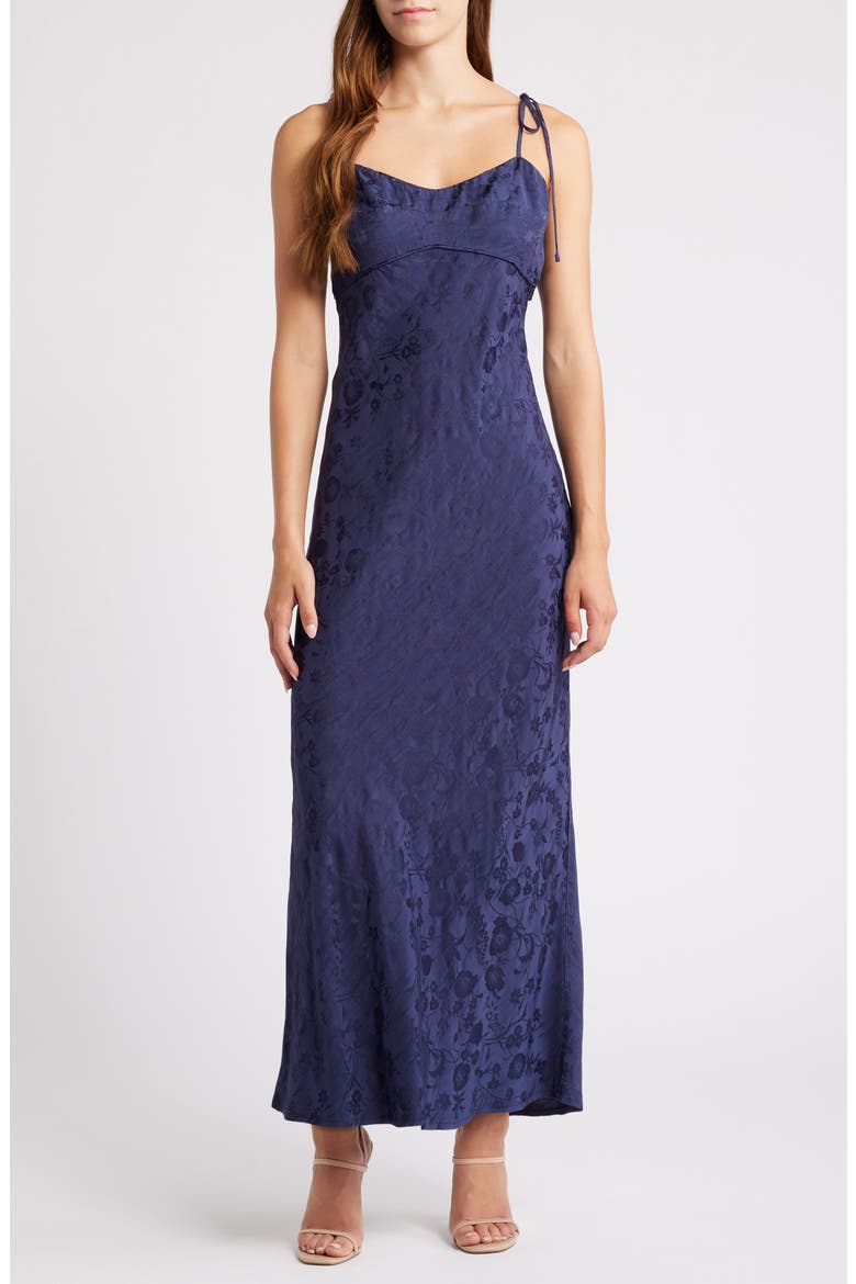 Aitana Floral Tie Strap Brocade Dress, Main, color, NAVY