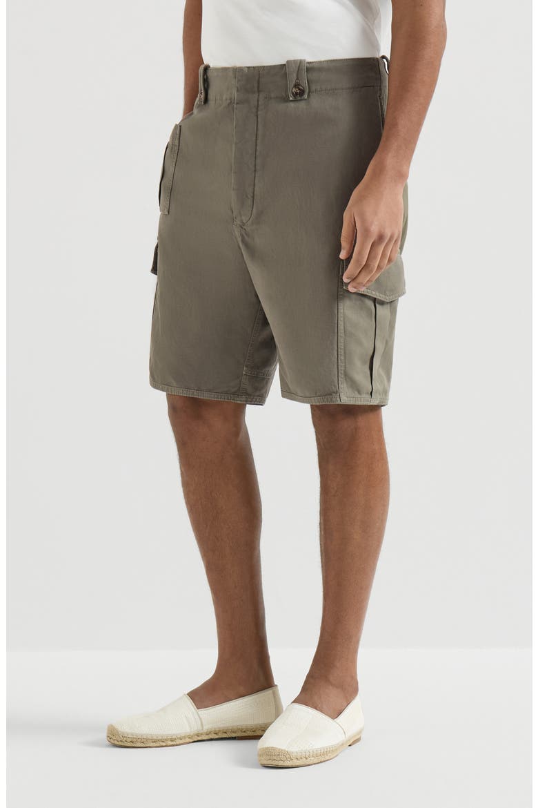 Garment-dyed Bermuda shorts in cotton and linen canvas with cargo pockets, Main, color, Military