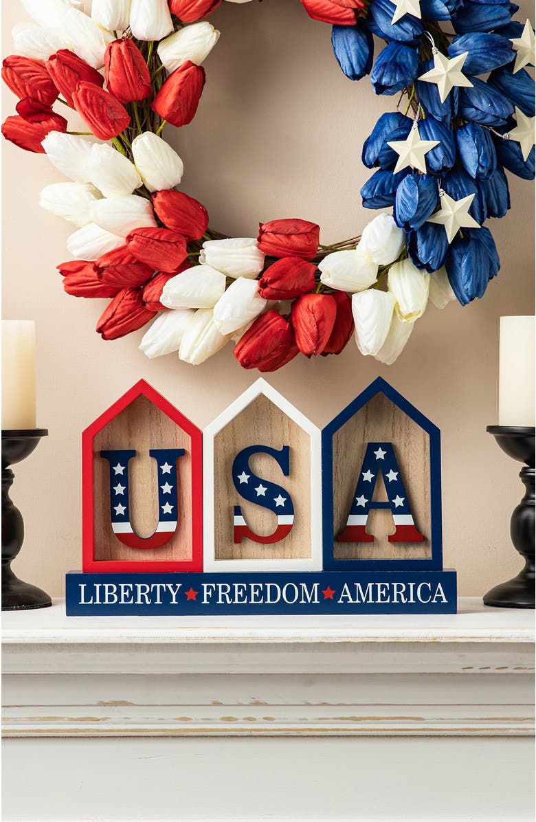 Glitzhome Patriotic Americana Wooden House-shaped Table Decor, Alternate, color, 