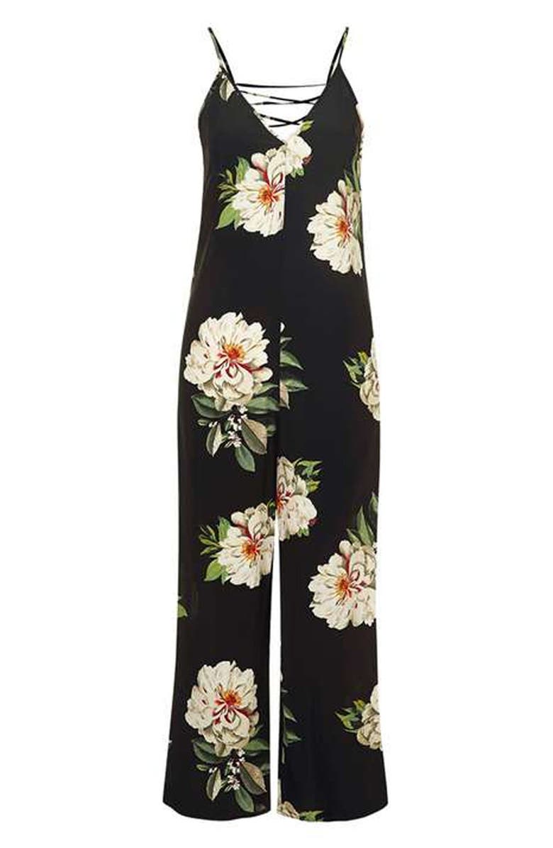 Topshop 'Vanilla Bloom' Lace-Up Back Jumpsuit, Alternate, color, 