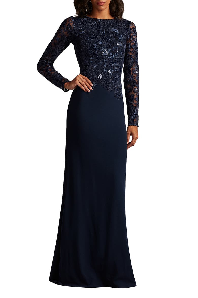 Embroidered Bodice Long Sleeve Gown, Main, color, NAVY/ NAVY