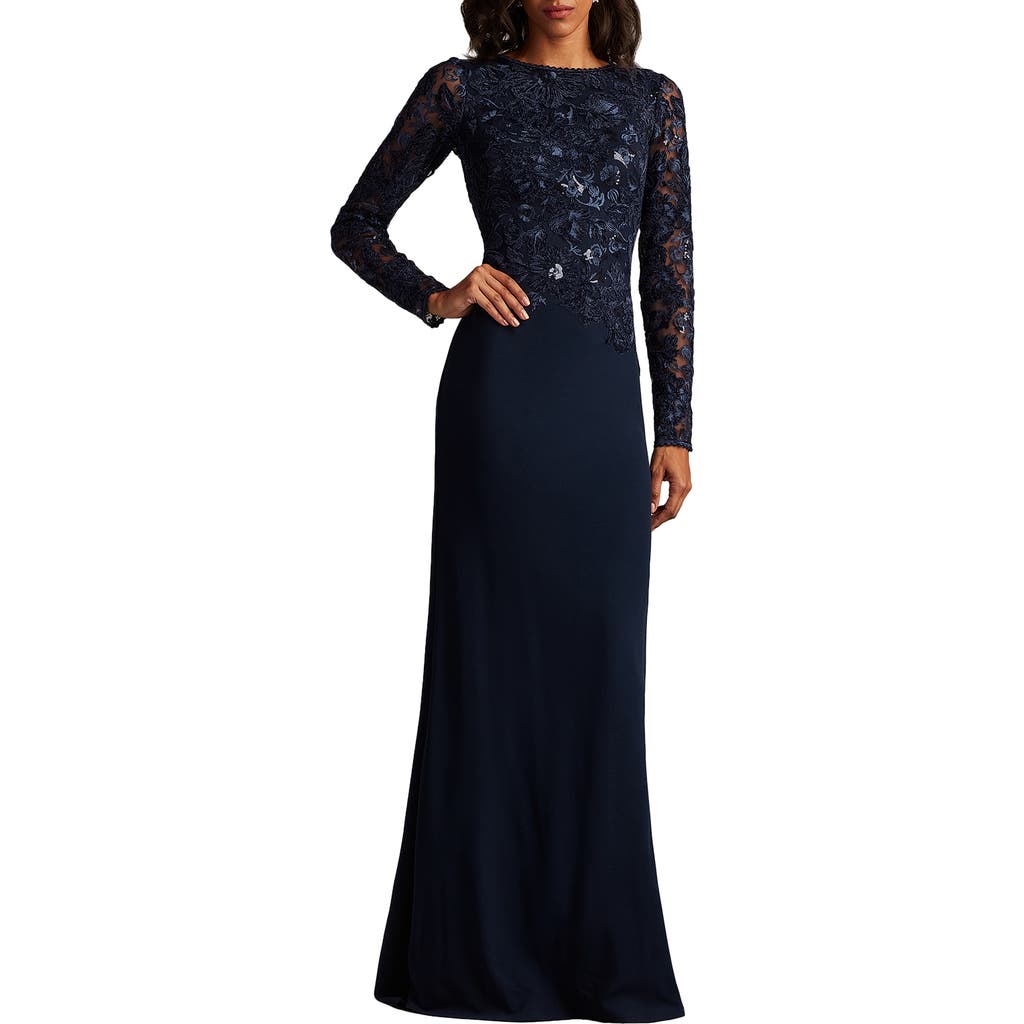 Tadashi Shoji Embroidered Bodice Long Sleeve Gown In Blue