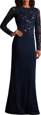 Tadashi Shoji Embroidered Bodice Long Sleeve Gown