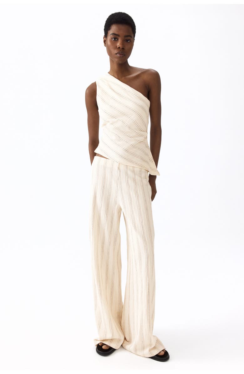 H&M One-shoulder Textured Cotton Top, Alternate, color, Cream/Striped