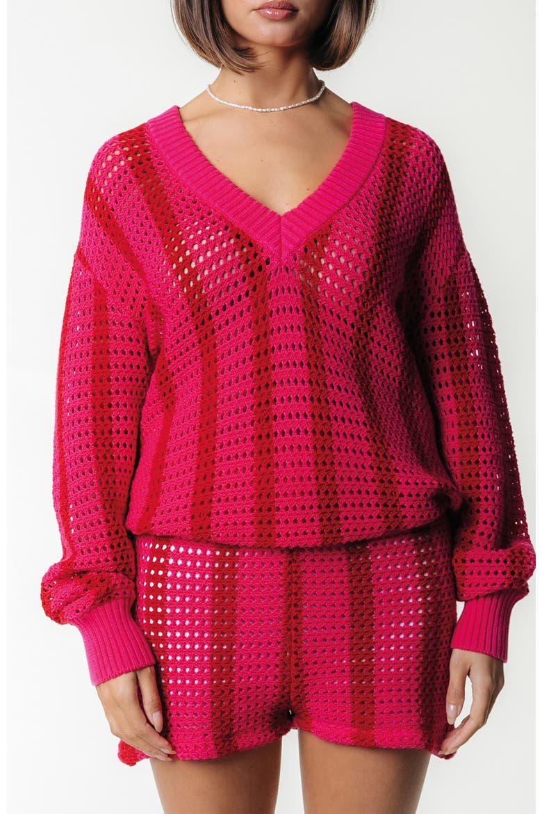 Lizza Crochet Stripe V-Neck Sweater, Main, color, Medium Bright Pink
