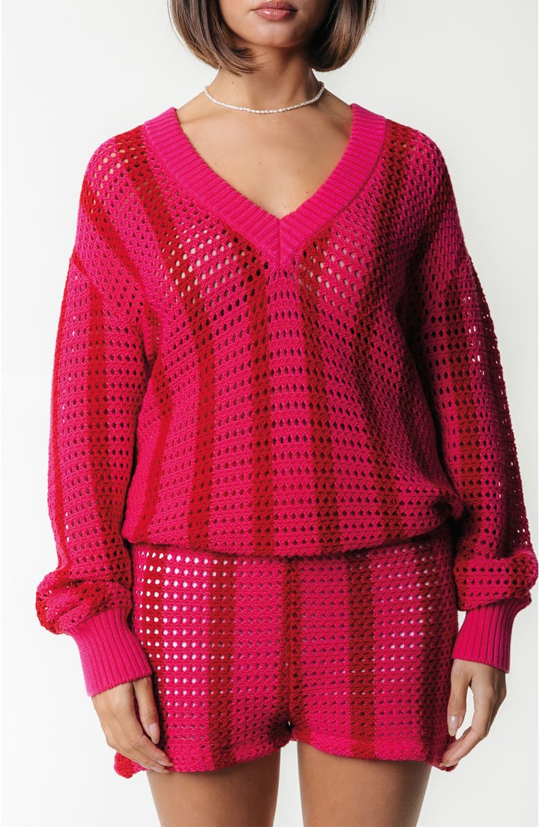 Colourful Rebel Lizza Crochet Stripe V-Neck Sweater, Main, color, Medium Bright Pink