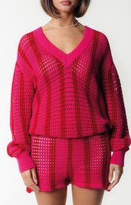 Colourful Rebel Lizza Crochet Stripe V-Neck Sweater