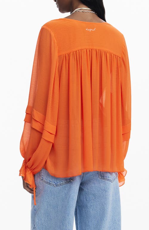 Desigual Balloon Sleeve Semisheer Top In Orange