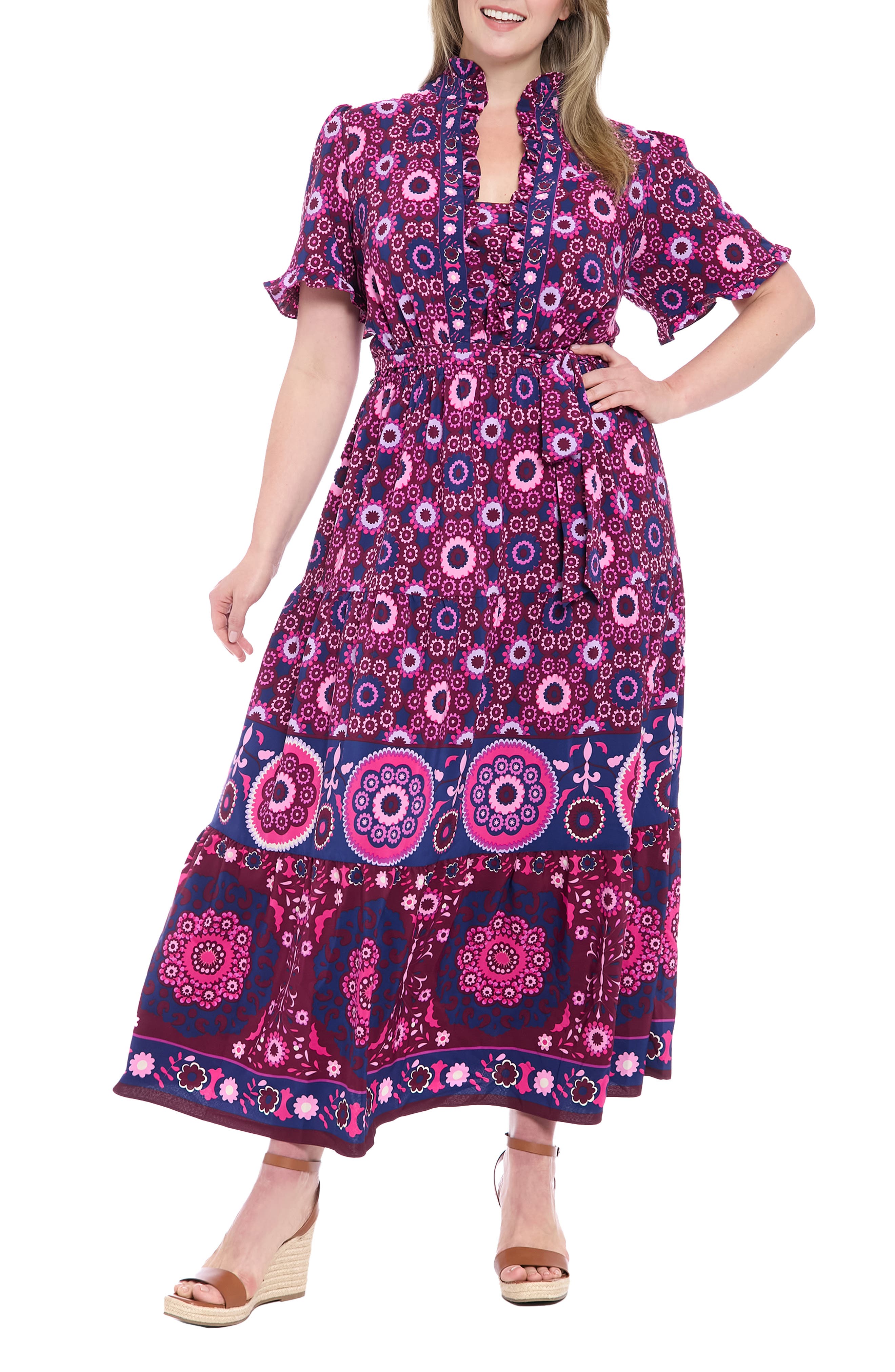 London Times Ruffle Short Sleeve Tiered Maxi Dress