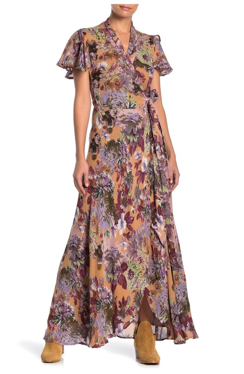 Raga Dear Dahlia Floral Print Wrap Maxi Dress, Main, color, 