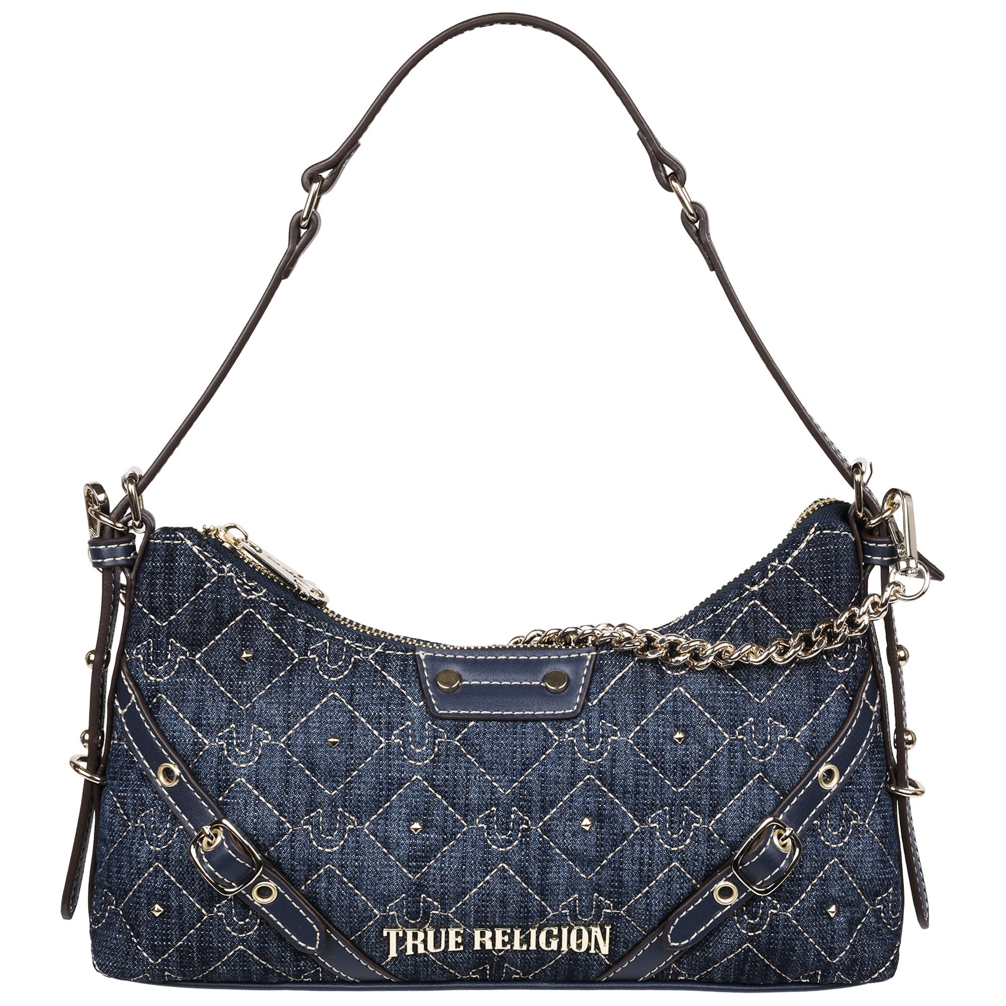 True Religion Studded Denim Chain Shoulder Bag, Main, color, Dark Denim