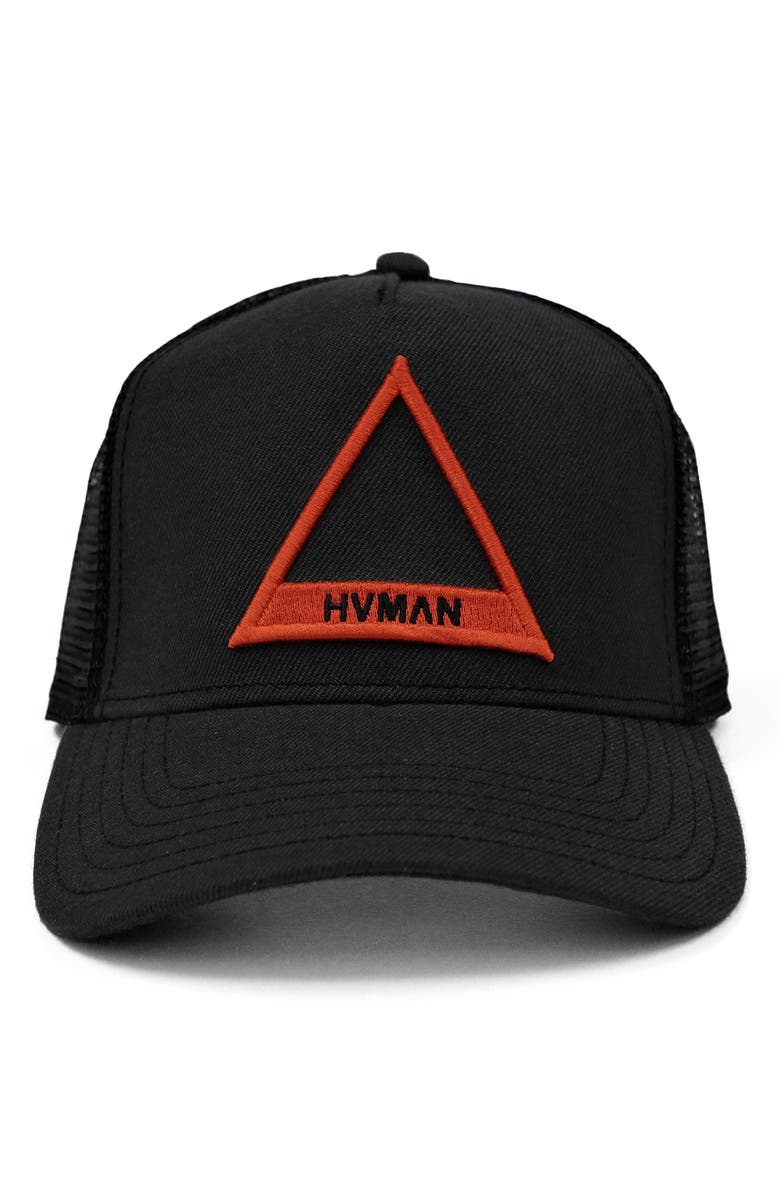 HVMAN Triangle Logo Mesh Trucker Hat, Main, color, Black