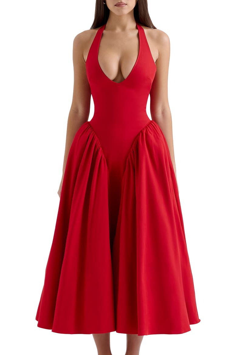 Marilyn Halter Midi Dress, Alternate, color, HAUTE RED