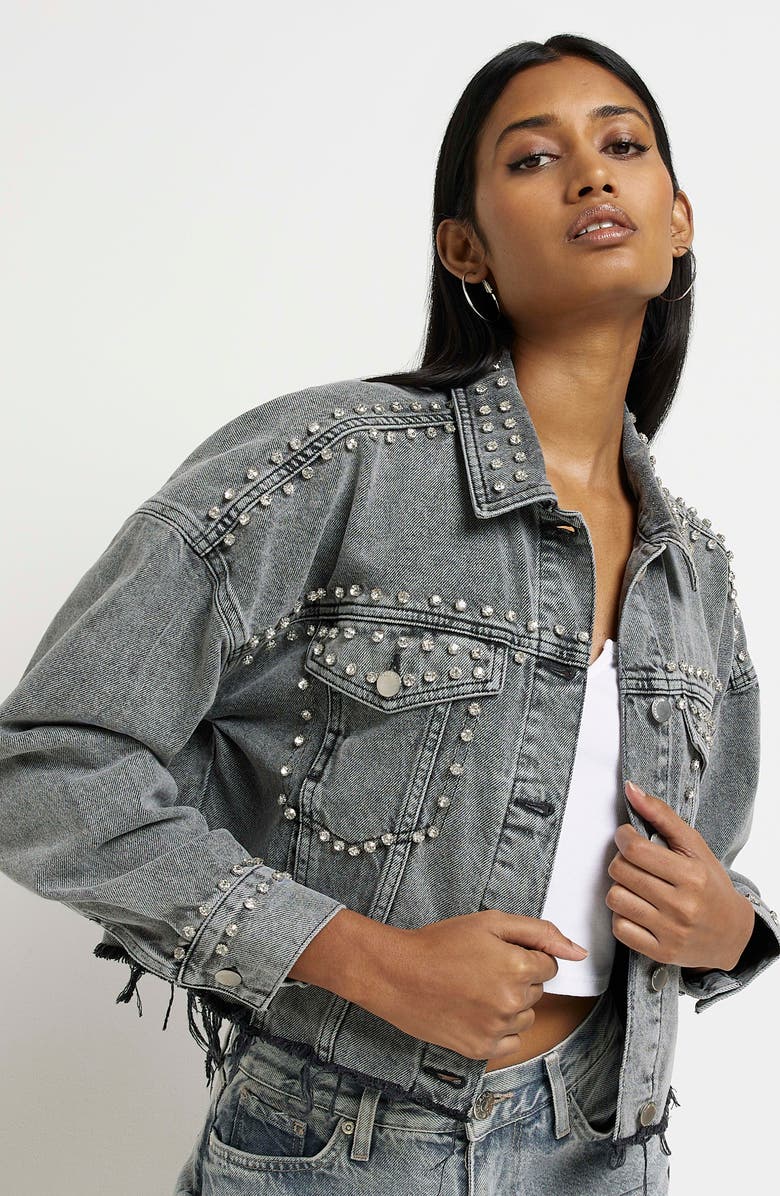 River Island Embellished Crop Raw Hem Denim Jacket, Alternate, color,