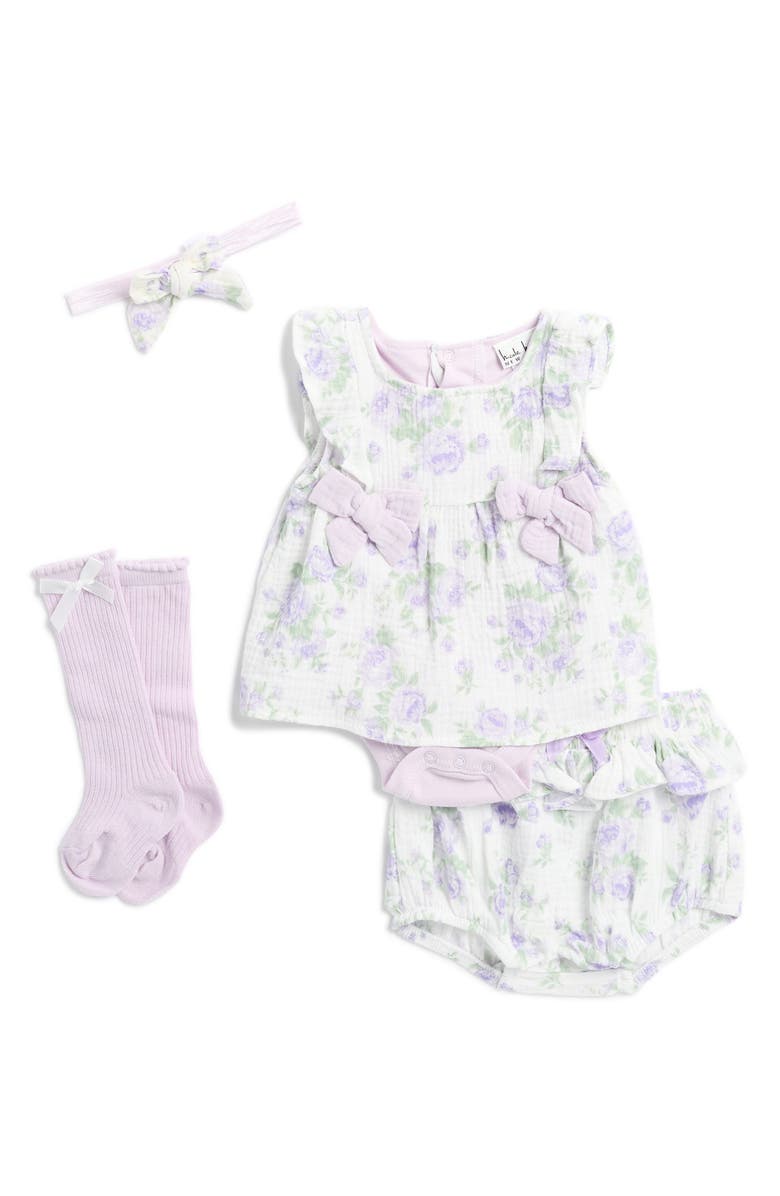 Nicole Miller Four-Piece Floral Print Skirted Bodysuit Set, Main, color,