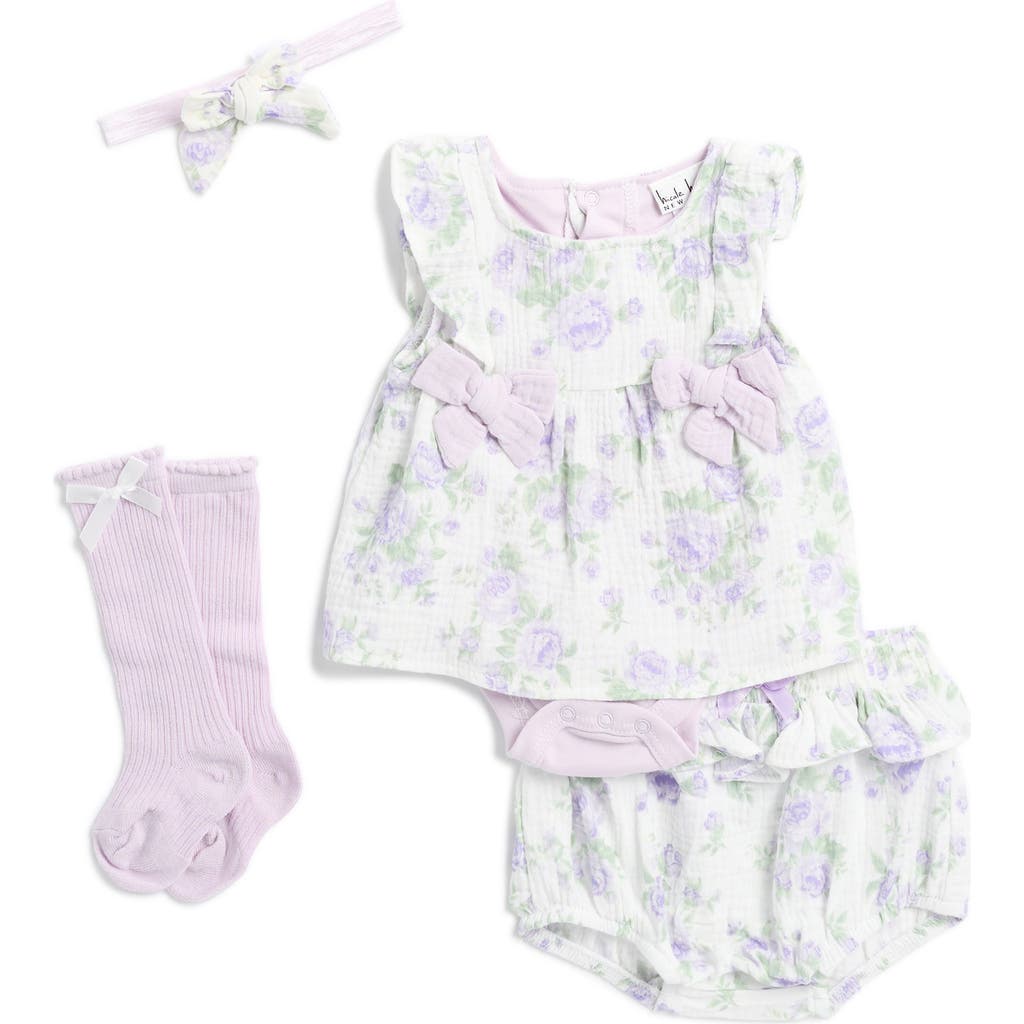 Shop Nicole Miller Four-piece Floral Print Skirted Bodysuit Set In Orchid Hush