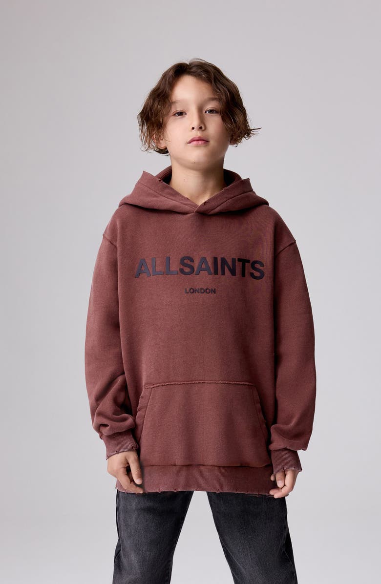 smALLSAINTS by ALLSAINTS Kids' Distressed Oversize Logo Split Hoodie, Alternate, color, Brown