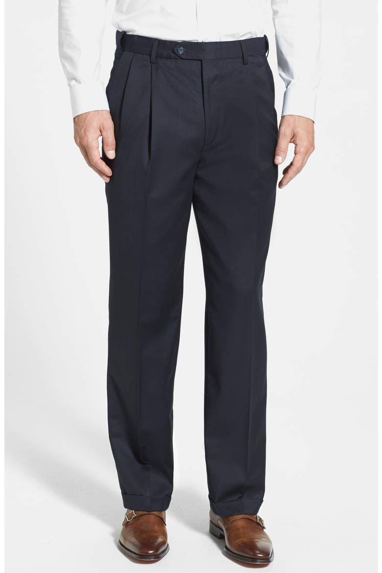 Self Sizer Waist Pleated Classic Fit Wool Gabardine Dress Pants, Alternate, color, NAVY