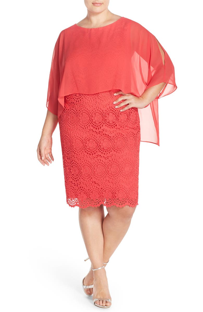 Adrianna Papell Chiffon Capelet Lace Sheath Dress, Alternate, color,