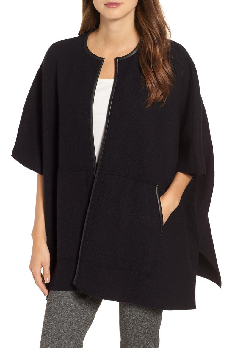 Boiled Wool Poncho Jacket with Leather Trim, Main, color, BLACK