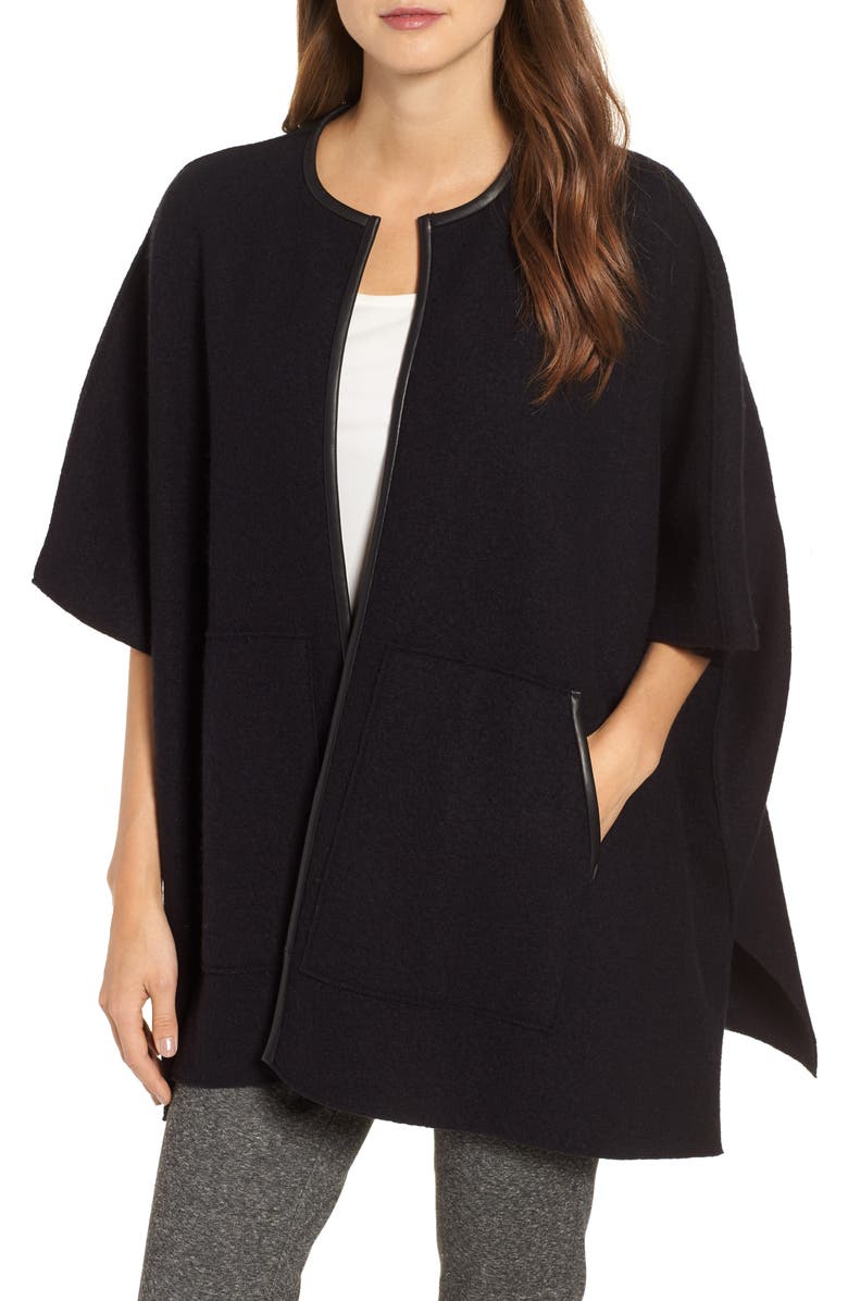 Eileen Fisher Boiled Wool Poncho Jacket with Leather Trim, Main, color, 
