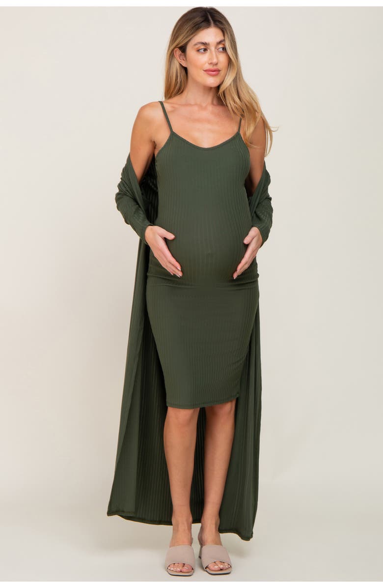 PinkBlush Ribbed Cardigan 2 Piece Set, Alternate, color, Olive Green