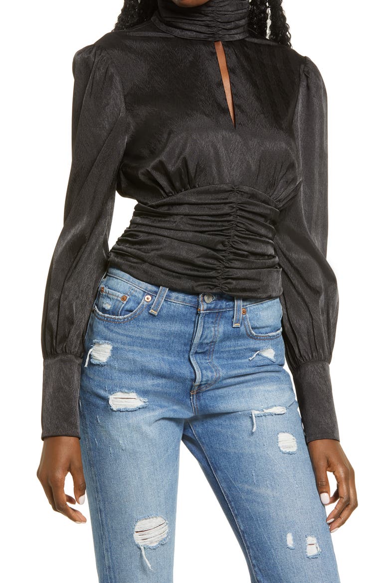 Holly Mock Neck Satin Jacquard Top, Main, color, BLACK