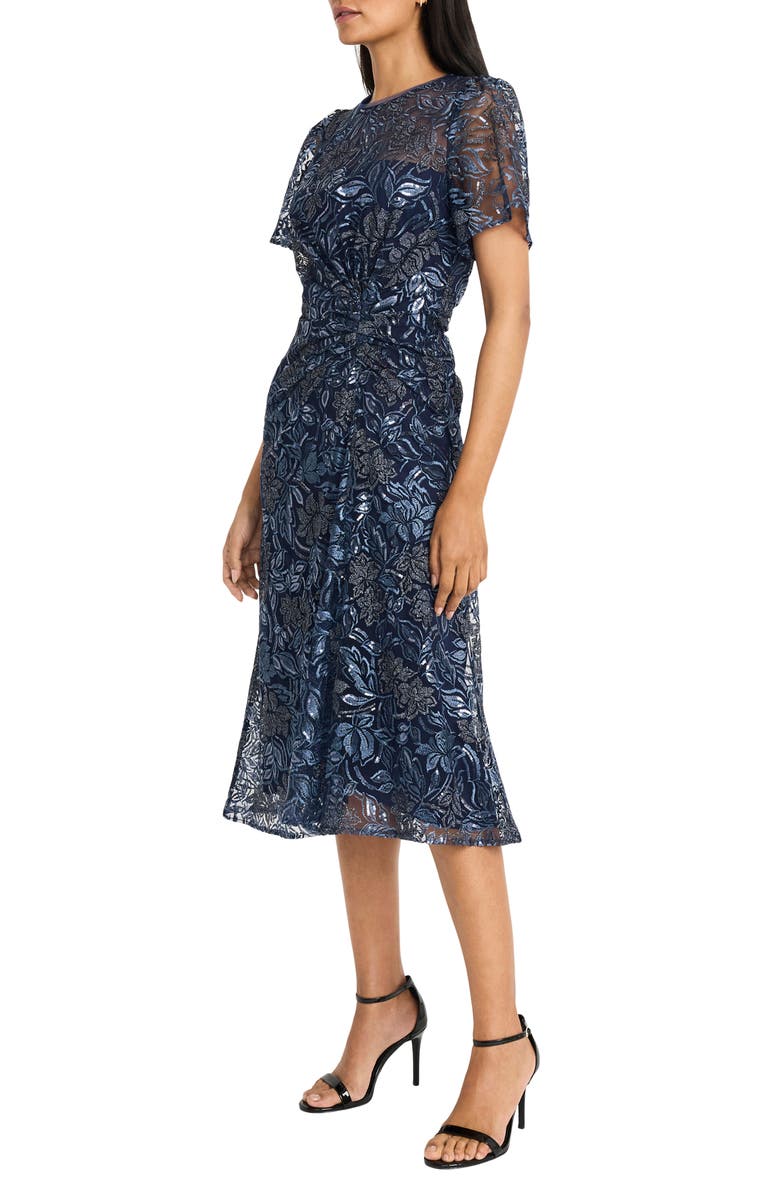 Maggy London Shirred Side Flutter Sleeve Midi Dress, Alternate, color, Navy