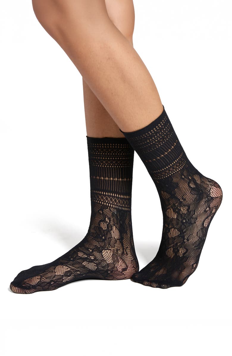 Stems Peony Lace Crew Socks, Main, color, Black