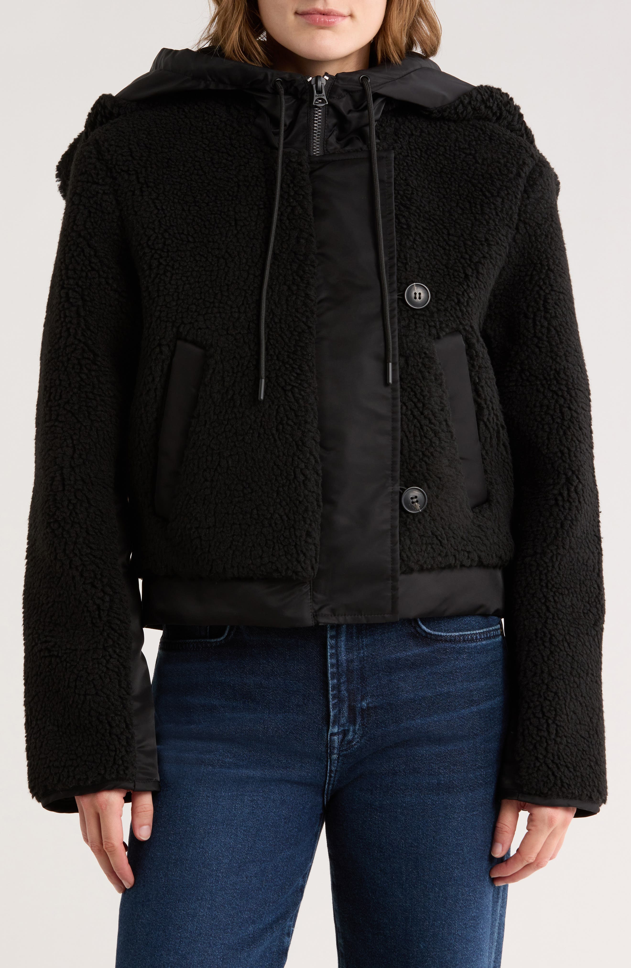 Hudson Jeans Faux Shearling Hooded Cropped Jacket