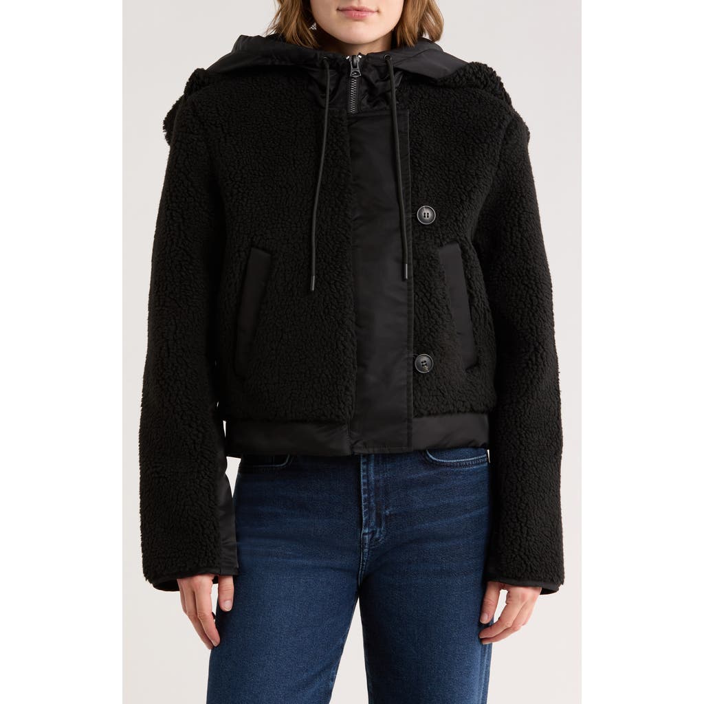 Hudson Jeans Faux Shearling Hooded Cropped Jacket In Black
