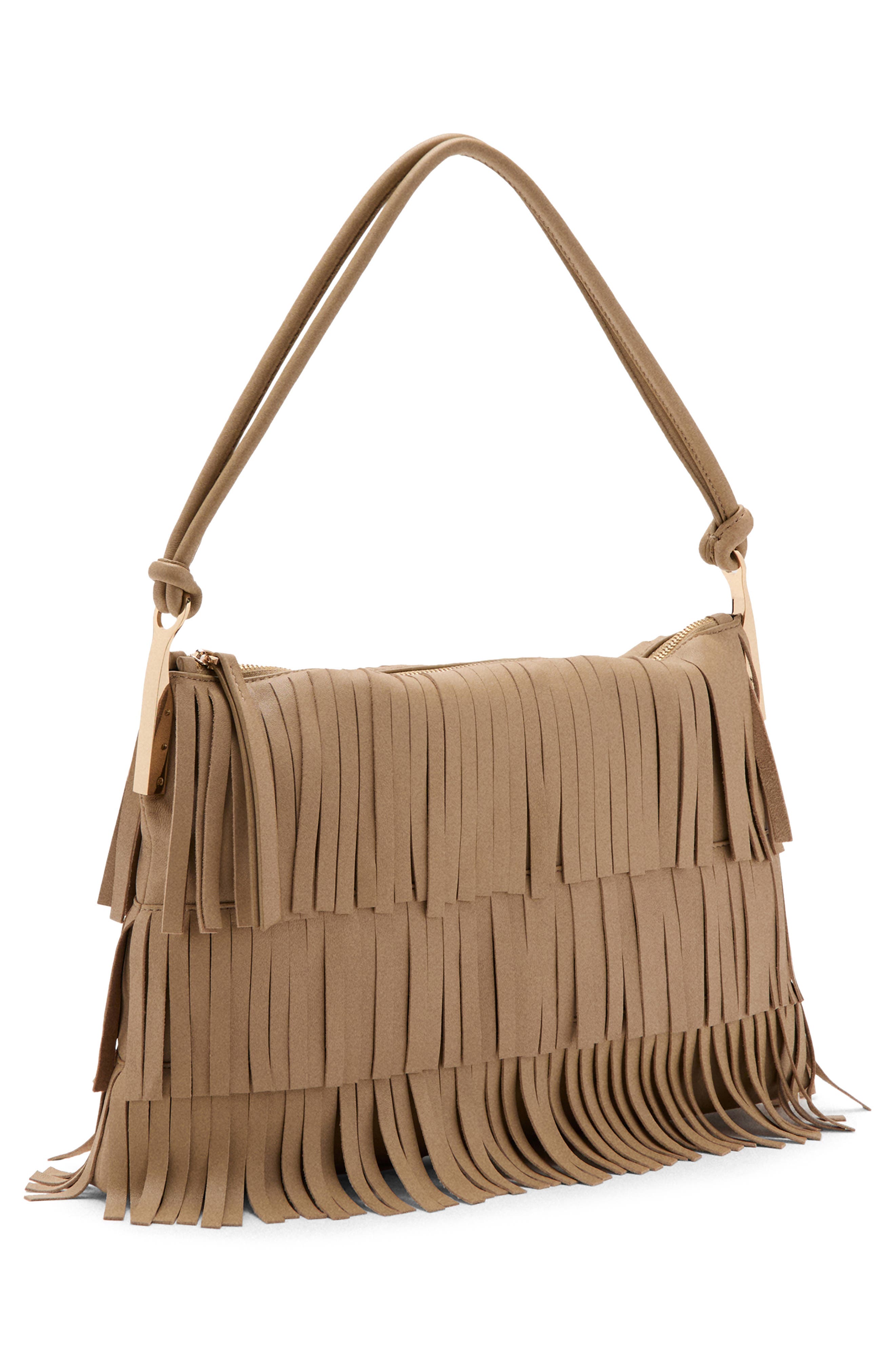 MANGO Large Fringe Leather Shoulder Bag, Alternate, color, Beige