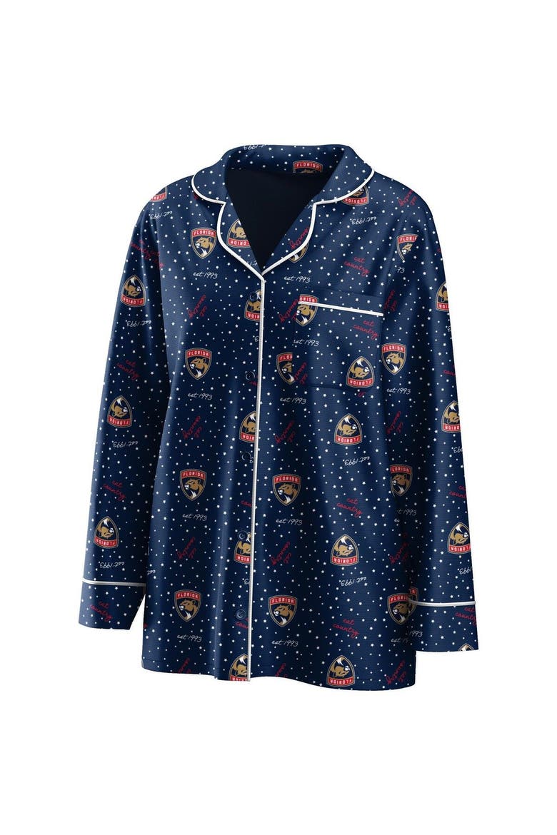 Women's WEAR by Erin Andrews Navy Florida Panthers Long Sleeve Button-Up Shirt & Pants Sleep Set, Alternate, color, Navy