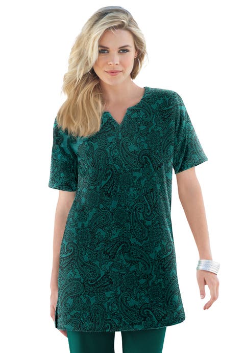 Plus Size Soft Knit Print Tunic With Notch Neckline