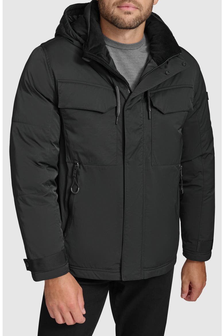 Hooded Utility Down & Feather Fill Jacket, Main, color, BLACK