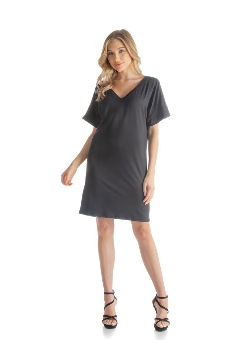 Solid Color Loose Fit V-Neck T Shirt Style Knee Length Dress, Main, color, Black