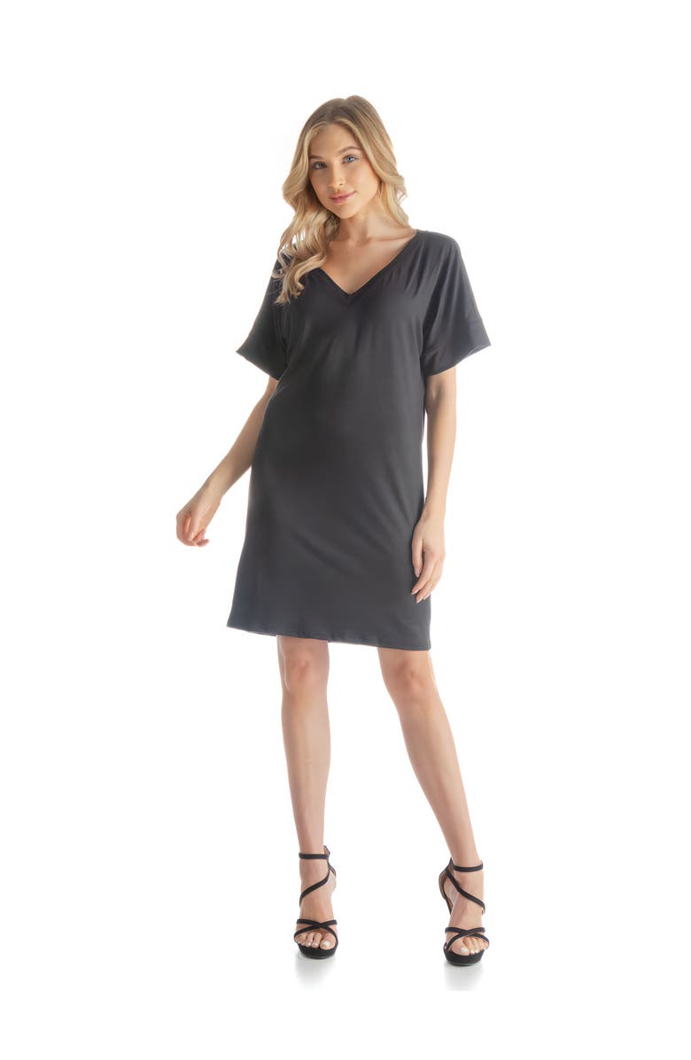 24seven Comfort Apparel Solid Color Loose Fit V-Neck T Shirt Style Knee Length Dress, Main, color, Black