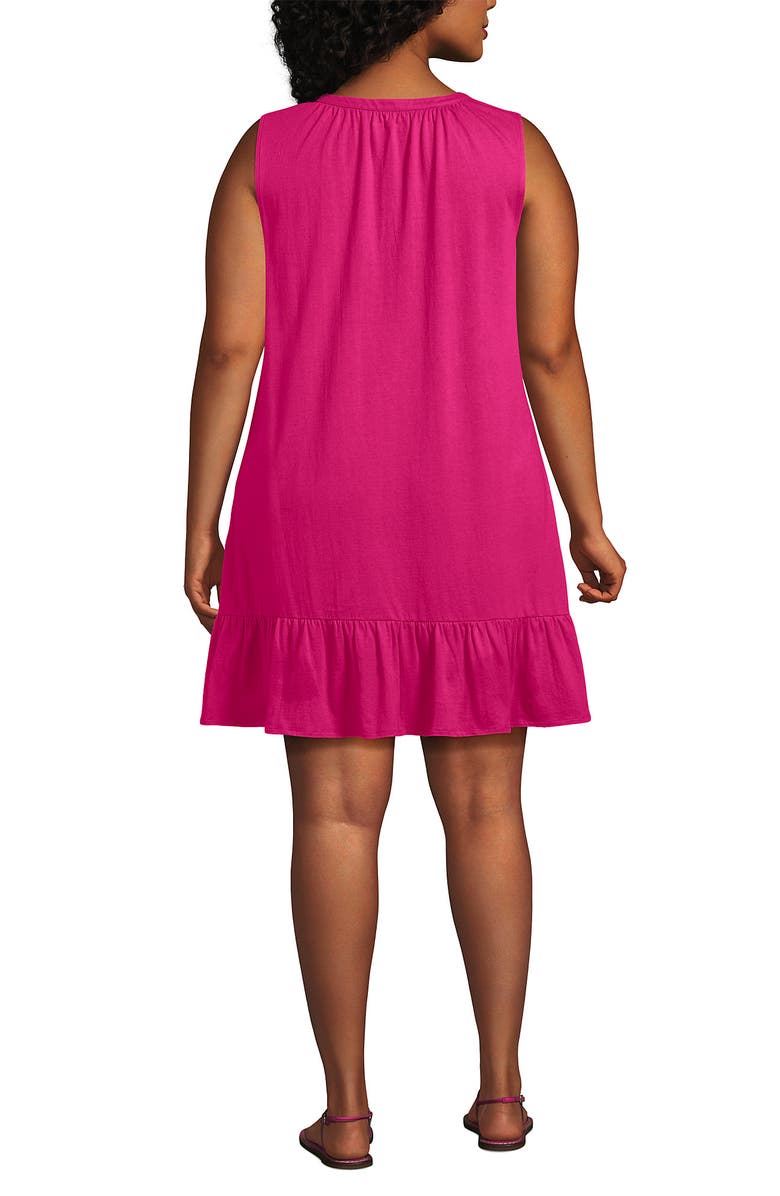 Lands' End Plus Size Sleeveless Cotton Jersey Notch Neck Flounce Dress, Alternate, color, Cherry Fuchsia