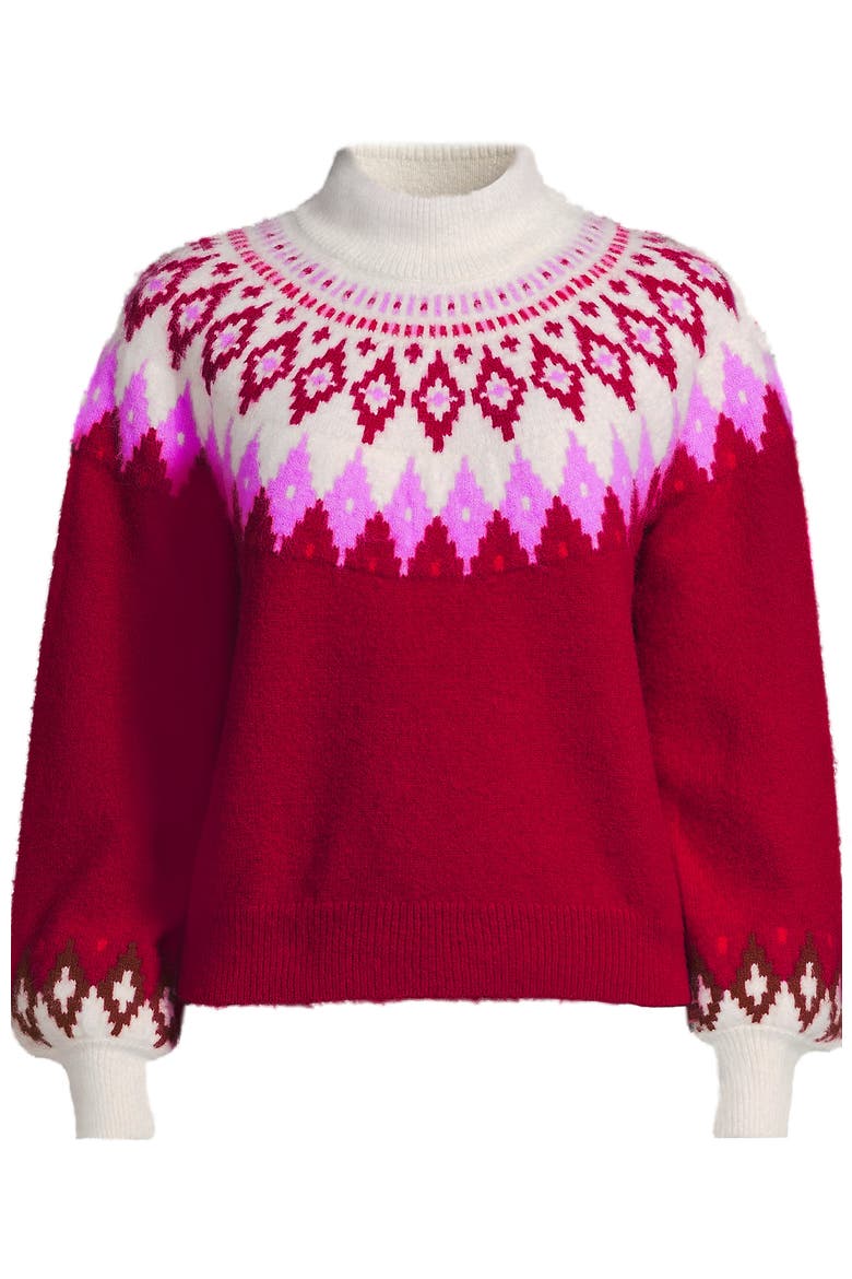 Fuzzy Turtleneck Lantern Sleeve Jacquard Sweater, Alternate, color, Rich Red Fairisle