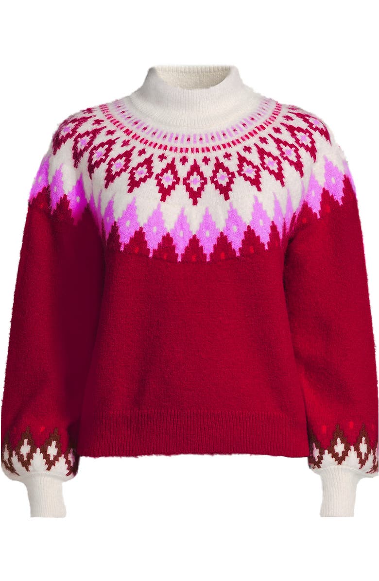 Lands' End Fuzzy Turtleneck Lantern Sleeve Jacquard Sweater, Alternate, color, Rich Red Fairisle
