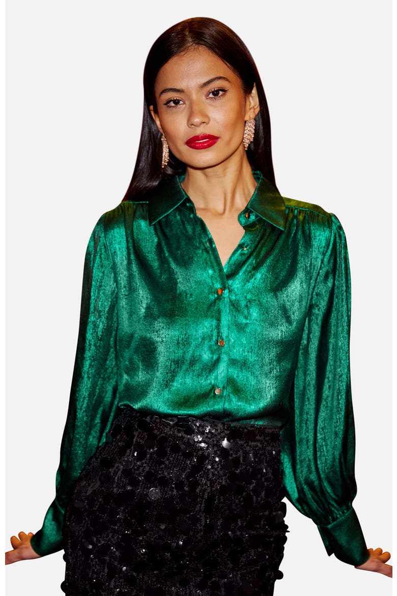 Metallic Relaxed Balloon Sleeve Shirt, Main, color, Green