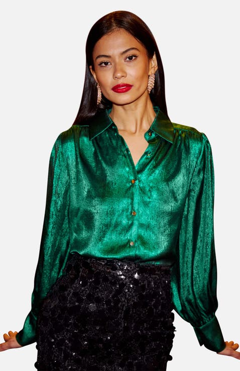 Metallic Relaxed Balloon Sleeve Shirt