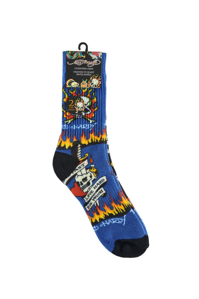 Flaming Skull 360 Print Full Cushion Crew Sock 2-Pack, Alternate, color, Blue