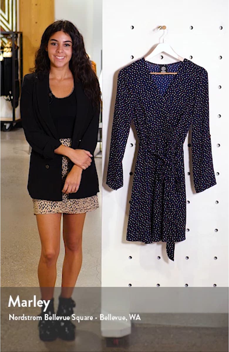 Print Long Sleeve Roll-Tab Faux Wrap Dress, sales video thumbnail