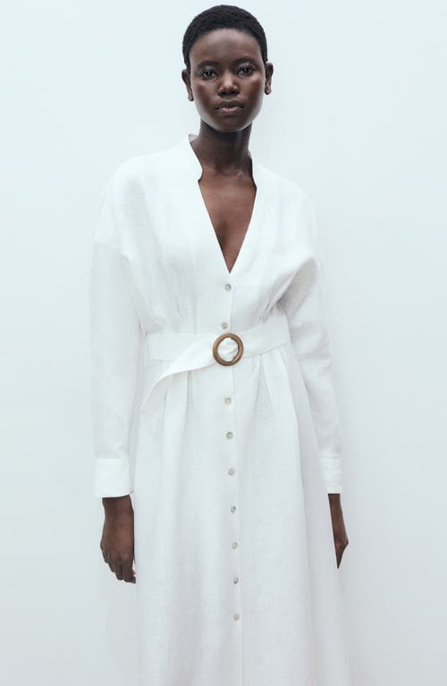 Mango Belted Long Sleeve Linen Shirtdress In White