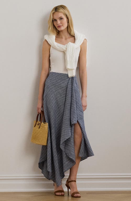 Ralph Lauren Striped Linen A-line Midi Skirt In Gray