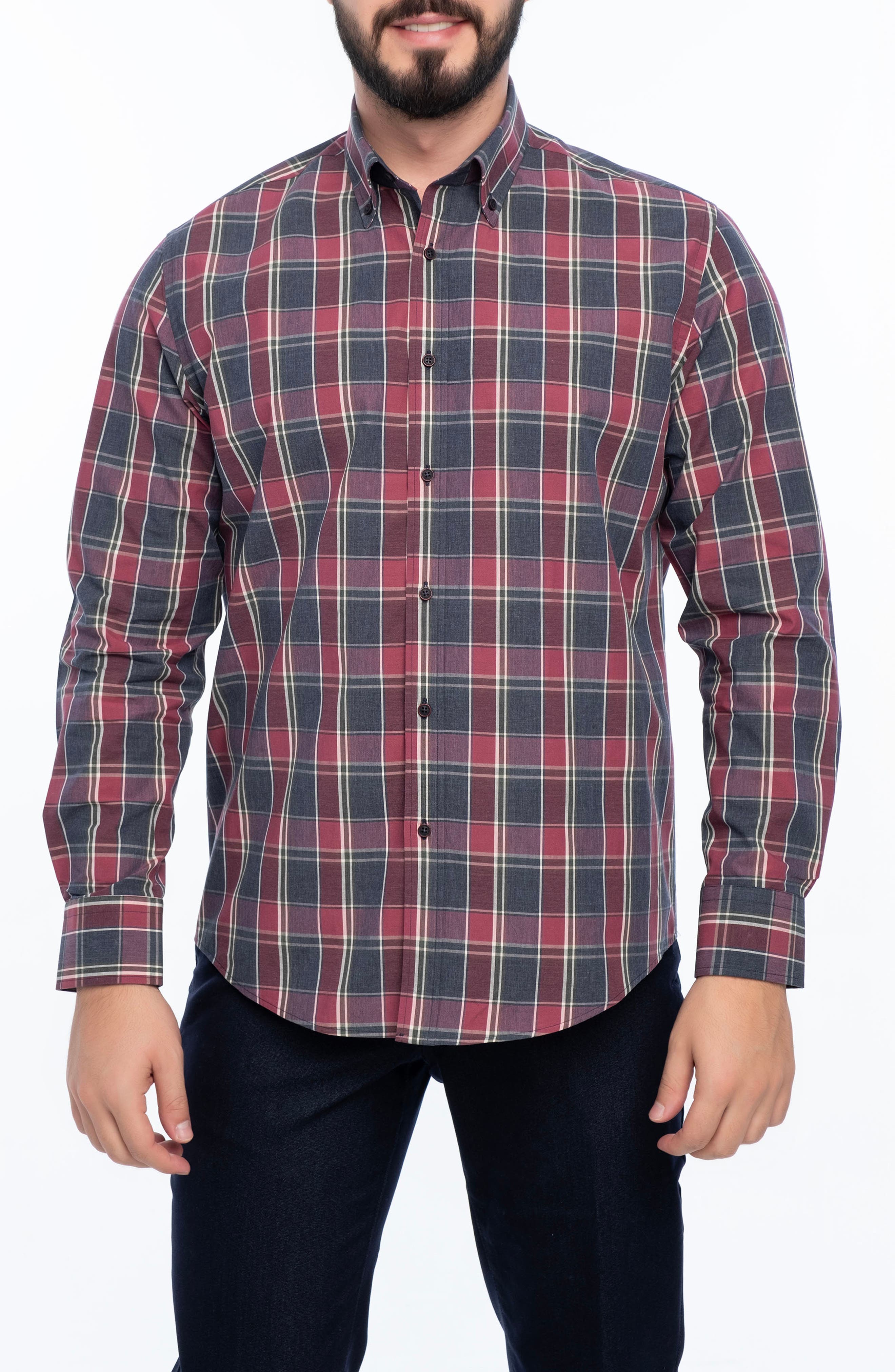 VELLAPAIS Plaid Cotton Slim Fit Button Down Shirt